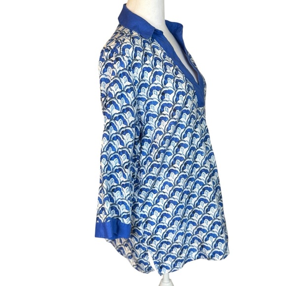 Sigrid Olsen 100% Linen Tunic Blouse Women’s Medium Blue White 3/4 Sleeve Beach - Picture 3 of 10